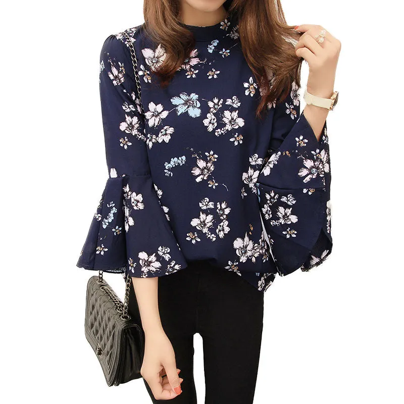 2016 Autumn Floral Chiffon Blouse Women Tops Flare Sleeve Shirt Women Ladies Office Blouse Korean Fashion Blusas Chemise Femme