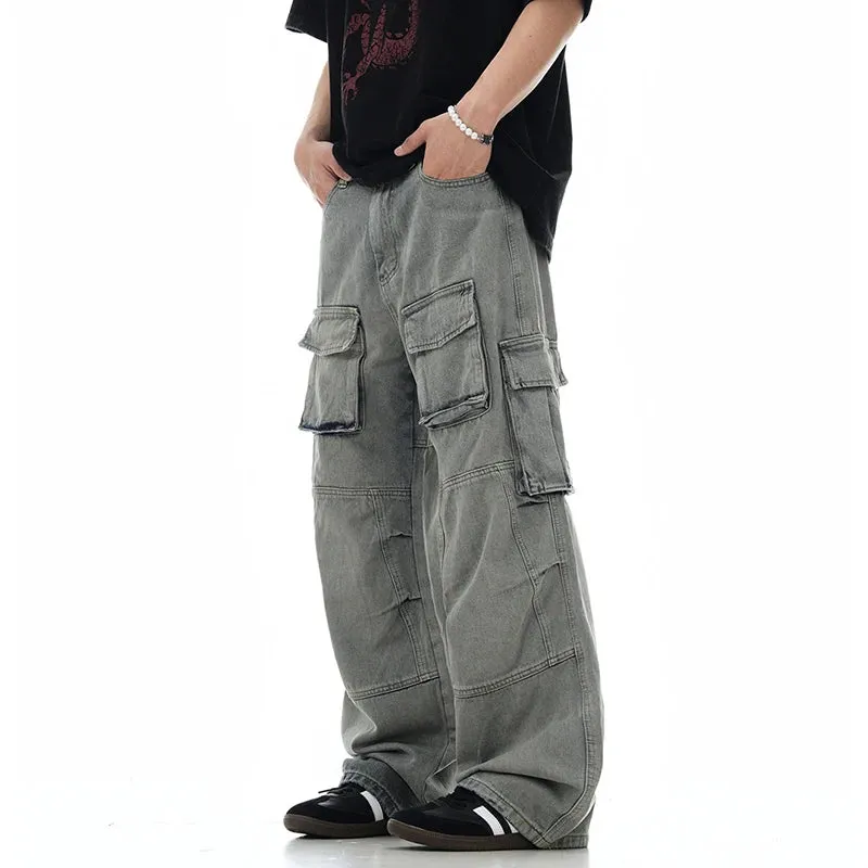 American Multi-pocket Overalls Washed To Make Old High Street Straight Wide Leg Cargo Pants Worn-out Autumn 28W3875