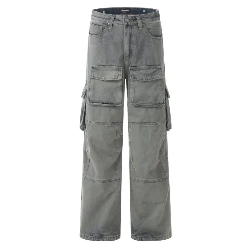 American Multi-pocket Overalls Washed To Make Old High Street Straight Wide Leg Cargo Pants Worn-out Autumn 28W3875