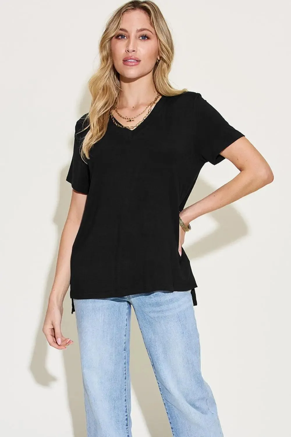 Basic Bae Full Size V Neck T-Shirt High-Low Casual Wear for Women