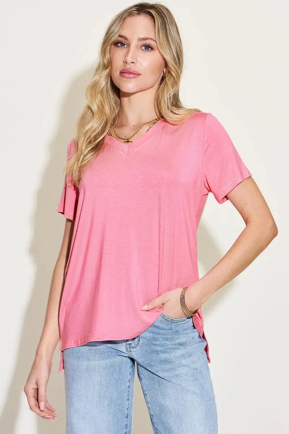 Basic Bae Full Size V Neck T-Shirt High-Low Casual Wear for Women