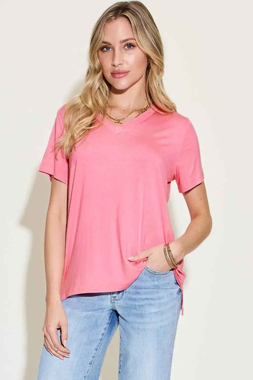 Basic Bae Full Size V Neck T-Shirt High-Low Casual Wear for Women