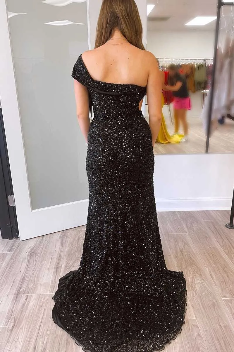 Black One Shoulder Sequin Long Party Dress,Pink Formal Evening Dresses