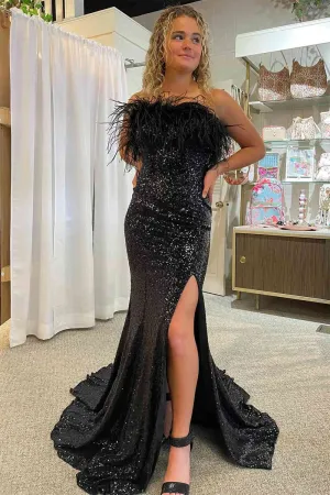 Black Strapless Feathers Long Prom Dress with Slit,Black Winter Formal Dresses