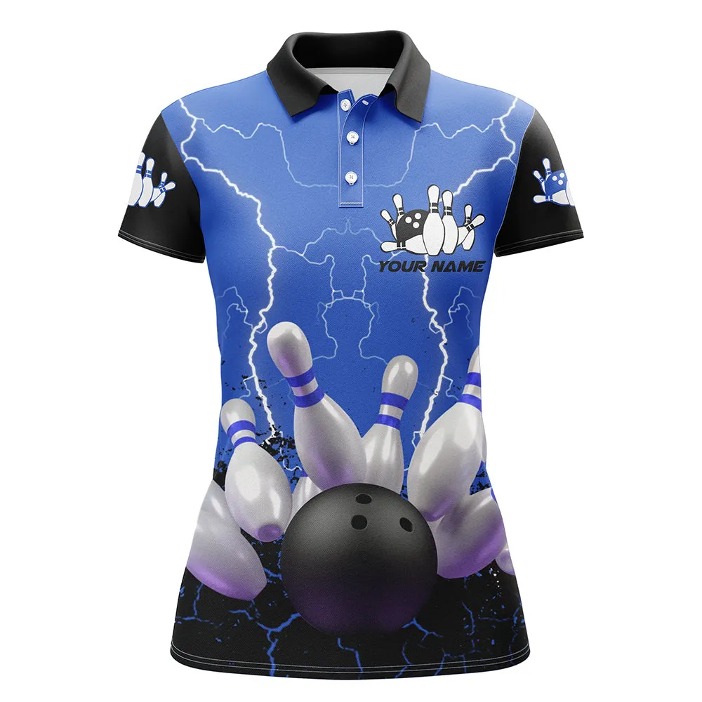 Blue Lightning Women Bowling Sleeveless Polo Shirts, Personalized Team Bowling Female Bowling Uniform