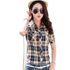 Brand New 2017 Summer Style Plaid Print Short Sleeve Shirts Women Plus Size Blouses Casual 100% Cotton Tops Blusas 14 Colors