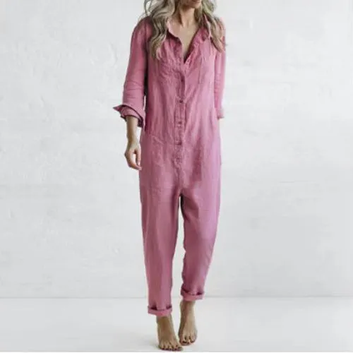 Casual Long Sleeve Jumpsuit With Pockets Fashion Loose Lapel Button Romper Pants Womens Clothing