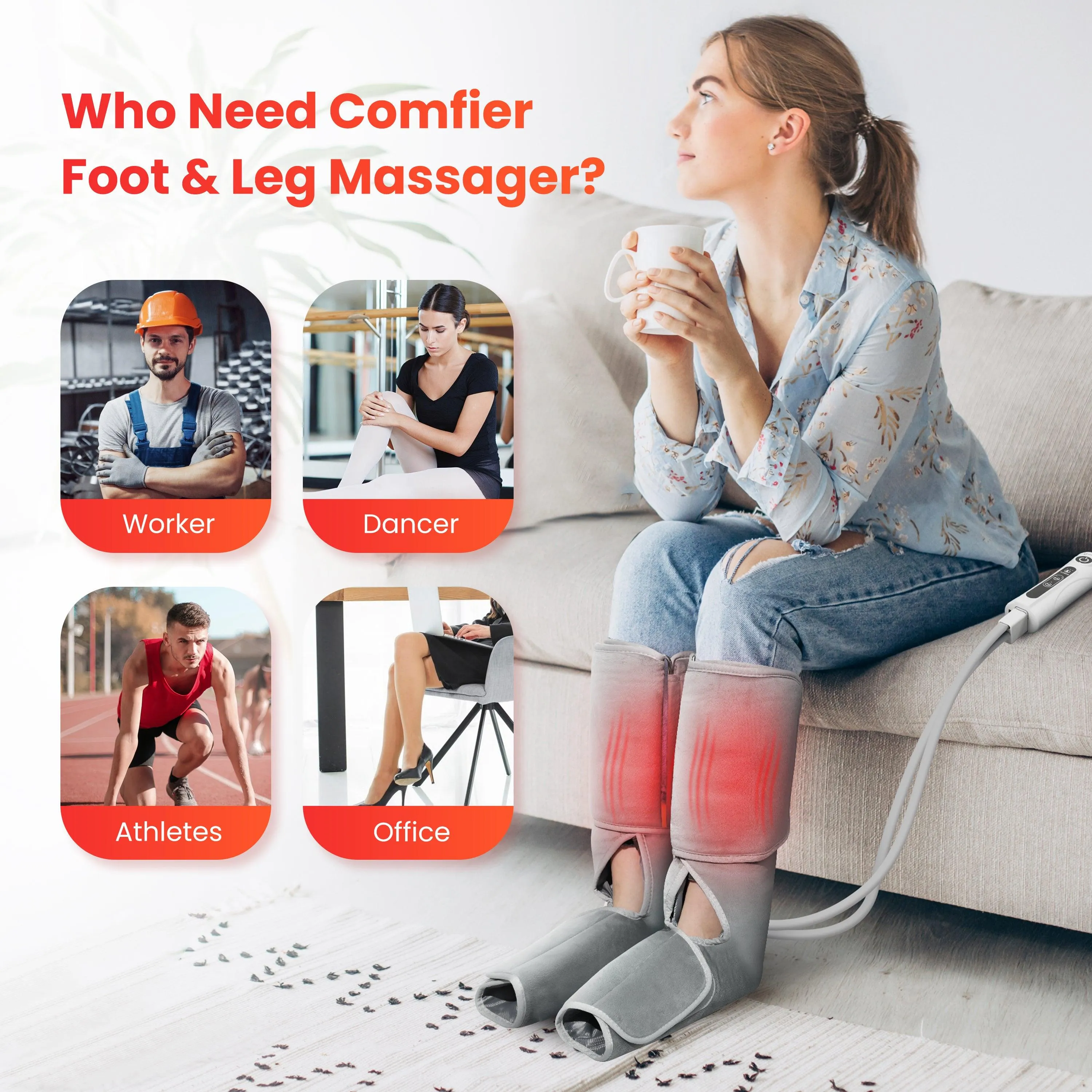 COMFIER Leg Massager for Circulation with Heat, Air Compression Calf Massager Pain Relief CF-EMK701