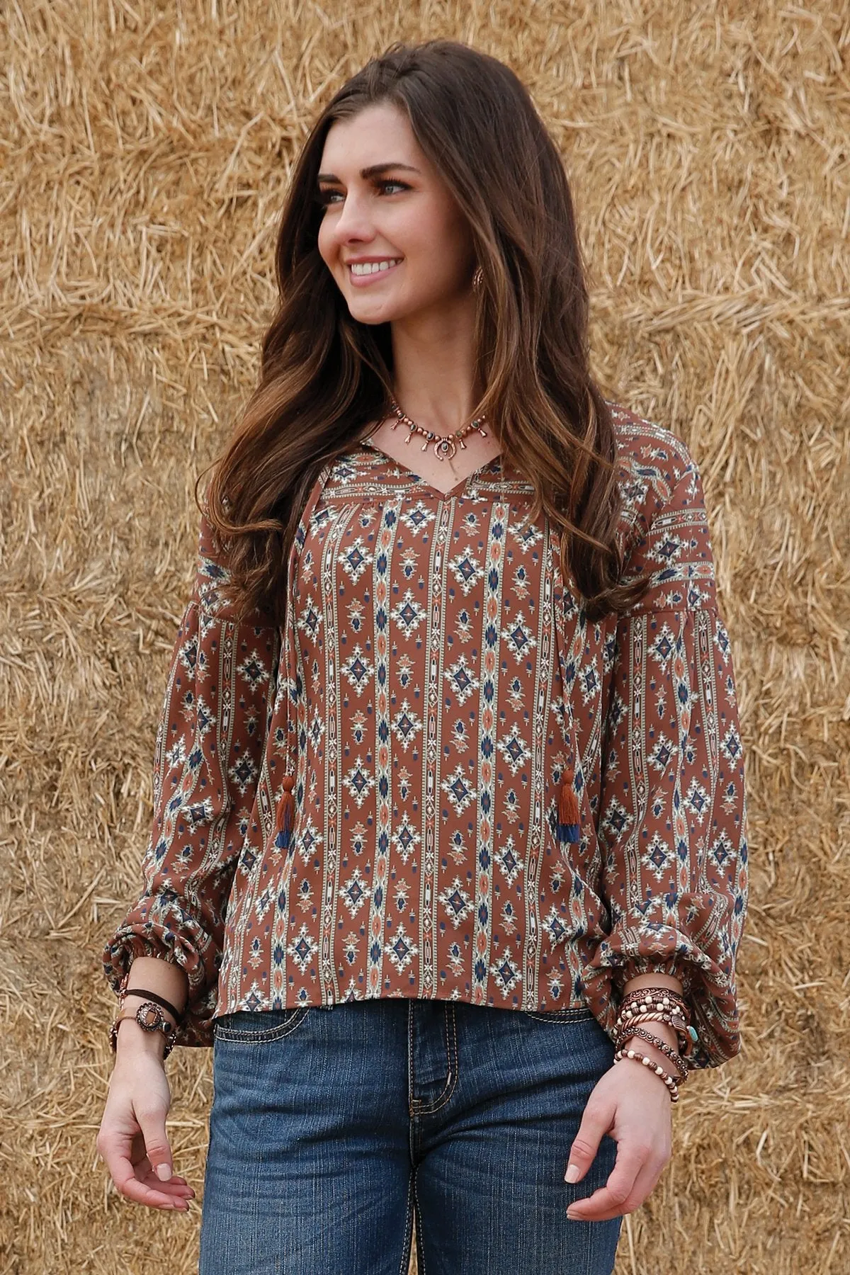 Cruel Denim Ladies Brown Printed Peasant Blouse - CTW7329002