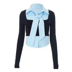 Fake Two-piece Patchwork Fashion Shirts & Blouses Tie Long Sleeve Tops Casual Fall Clothes 2024 Women P85-DH22