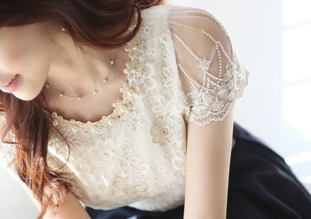 fashion Summer New Offer women's chiffon shirt lace top beading embroidery o-neck  Women's Blouses Blouse  S-XXXL  d338A31 (US 2-16)