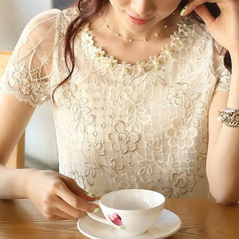 fashion Summer New Offer women's chiffon shirt lace top beading embroidery o-neck  Women's Blouses Blouse  S-XXXL  d338A31 (US 2-16)