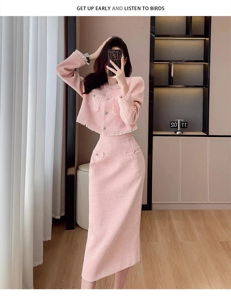 French Elegant Women Pink 2 Pieces Set 2023 Autumn Tassel Long Sleeve Coat A-line Chic Midi Skirt Spring Y2k Lady Dress Suits