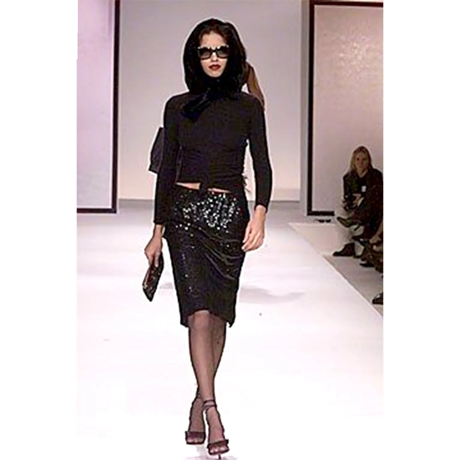 F/W 2000 Valentino Garavani Black Sequin Silk Runway Evening Skirt