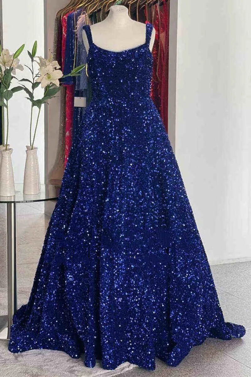 Glamorous Straps Grape Square Neck Sequins Prom Dress with Pockets