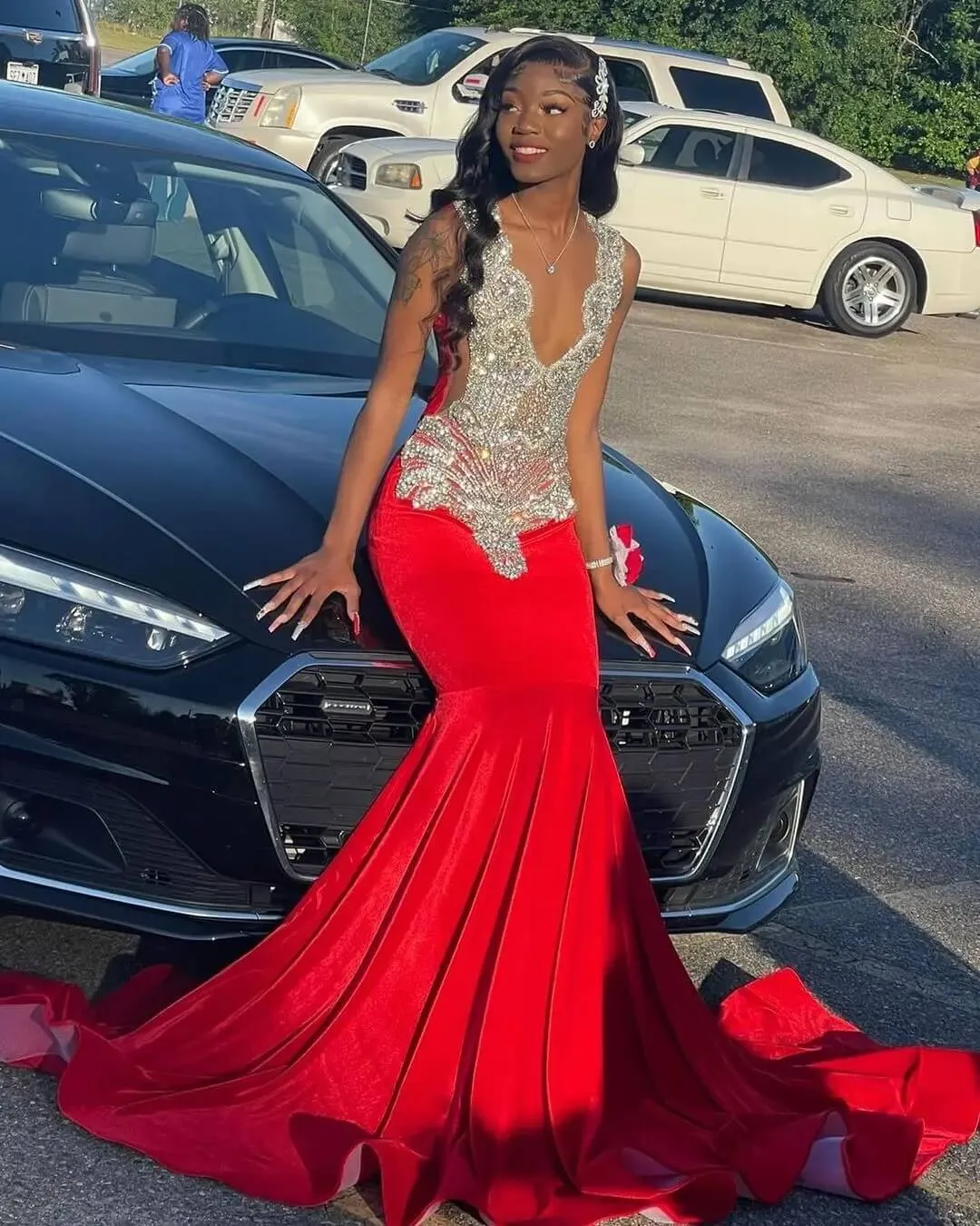 Gorgeous Crystal Beads Red Prom Dresses,Formal Evening Night Maxi Gown