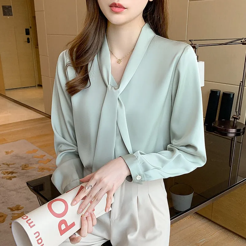 Graduation Gifts  2022 New Office Lady Elegant Shirt Green Satin Blouse Women Long Sleeve Fashion Bow Tie Ribbon Tops Clothes Blusa Mujer 16707