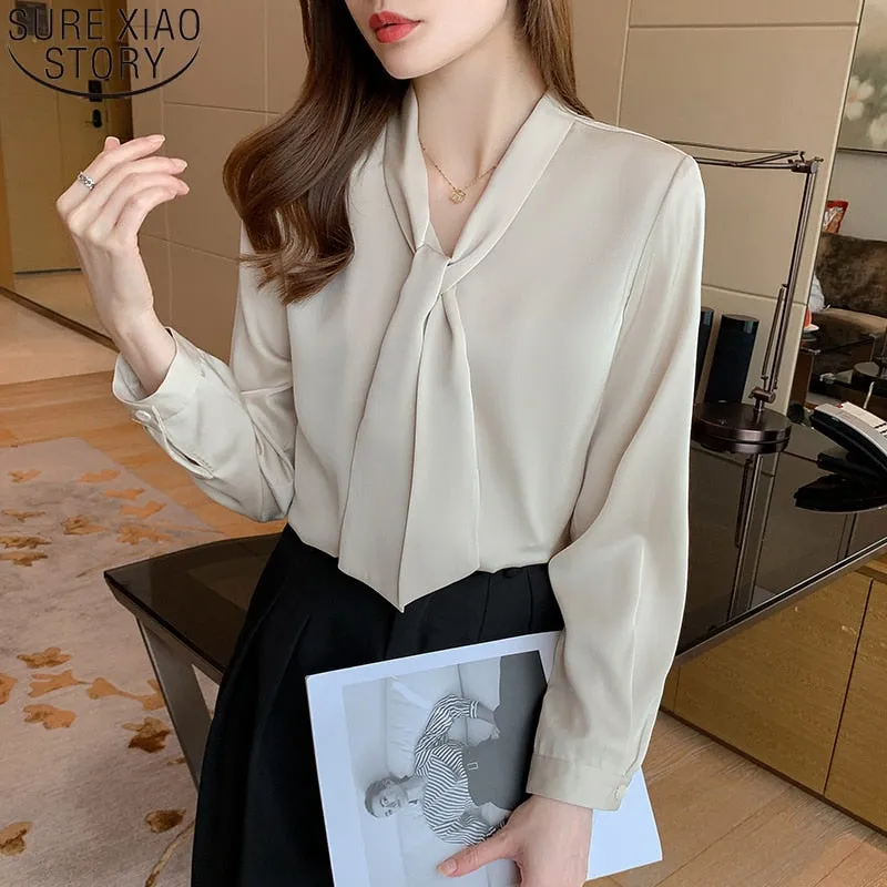 Graduation Gifts  2022 New Office Lady Elegant Shirt Green Satin Blouse Women Long Sleeve Fashion Bow Tie Ribbon Tops Clothes Blusa Mujer 16707