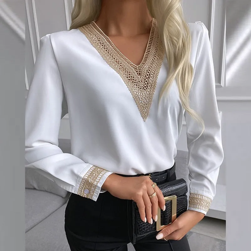 Graduation Gifts   Autumn Lace Crochet Satin Silk Chiffon Shirt Women Long Sleeve Woman Blouses Tops V Neck Solid Embroidery Shirts Blusas 15777