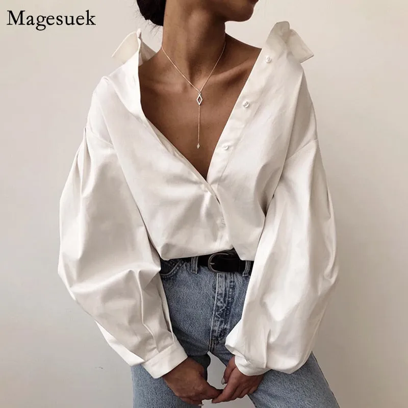 Graduation Gifts   Casual Vintage Sexy Button White Blouse Women Lantern Sleeve Plus Size Loose Women Shirt Cotton Office Ladies Tops Blusas 10903