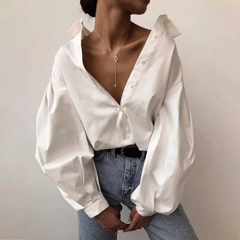 Graduation Gifts   Casual Vintage Sexy Button White Blouse Women Lantern Sleeve Plus Size Loose Women Shirt Cotton Office Ladies Tops Blusas 10903