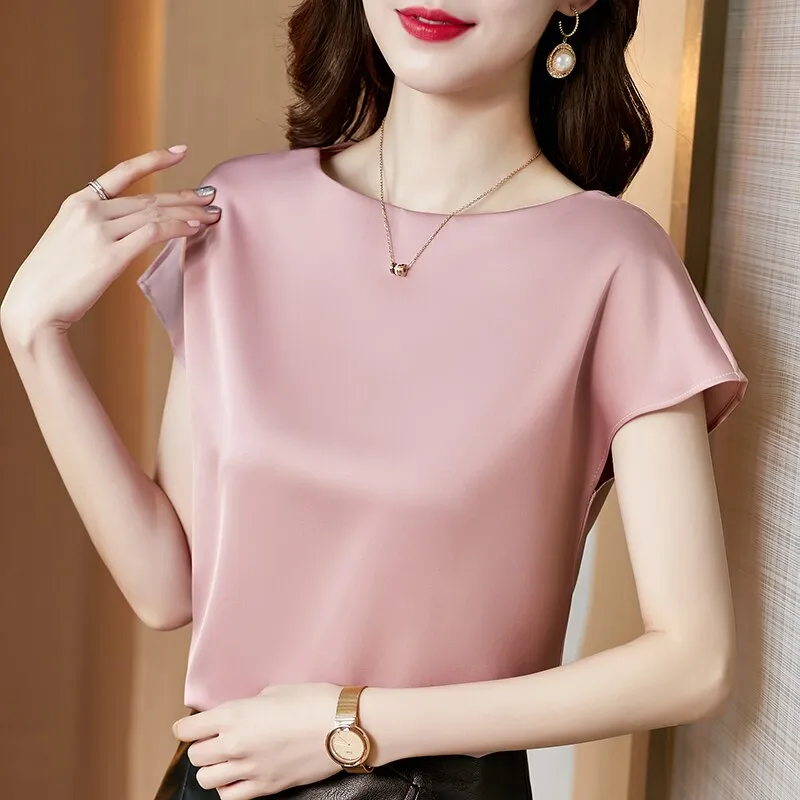 Graduation Gifts  Office Lady Tops Summer Short Sleeve Blouses Satin Blouse Women Shirts Fashion Simple Solid Plus Size Loose Shirt Blusas