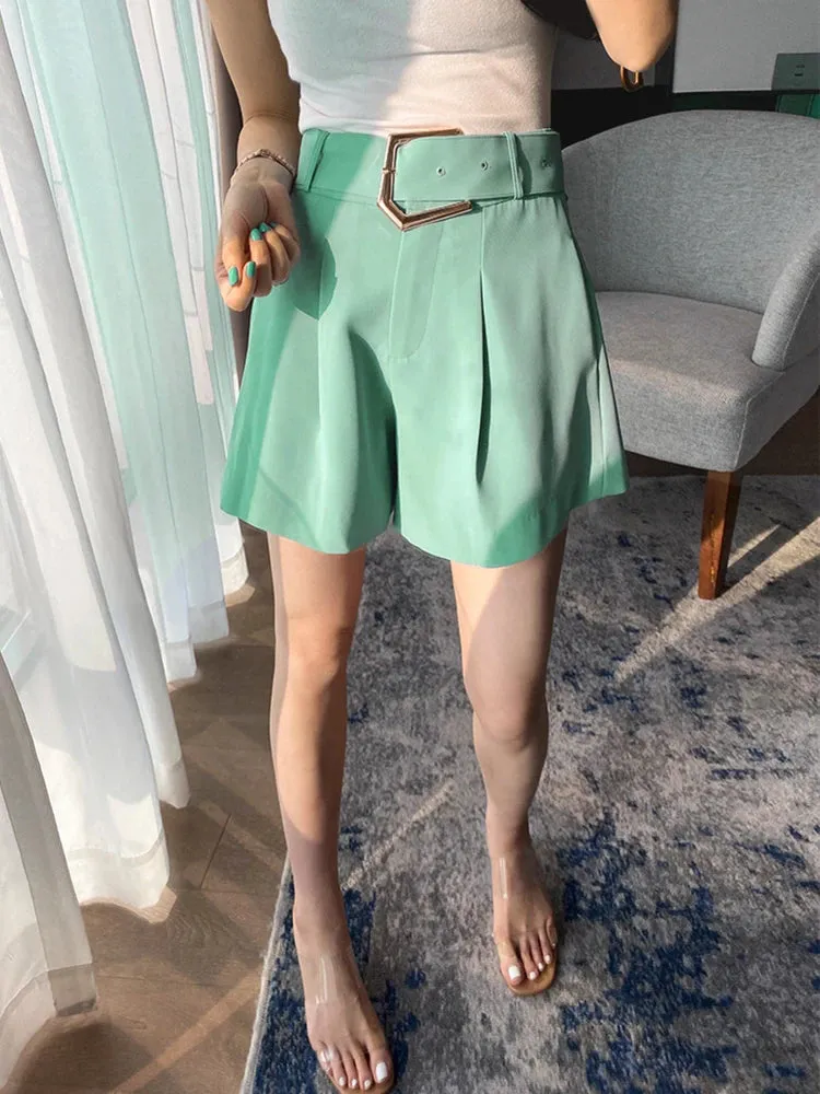 Green Short Pants For Women Hihg Waist Pleasted Casual Loose Patchwork Zipper Temperament Shorts Skirts Female