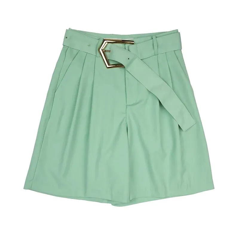 Green Short Pants For Women Hihg Waist Pleasted Casual Loose Patchwork Zipper Temperament Shorts Skirts Female