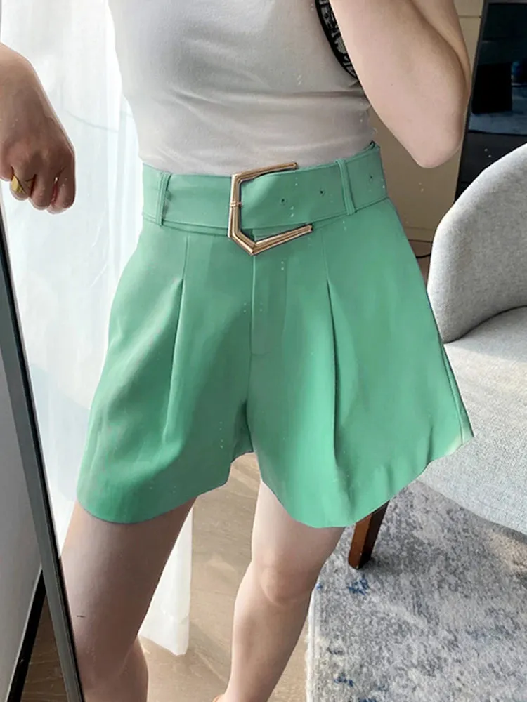 Green Short Pants For Women Hihg Waist Pleasted Casual Loose Patchwork Zipper Temperament Shorts Skirts Female