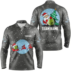 Grey Christmas Mens Golf Long Sleeve Polo Shirts With Reindeer