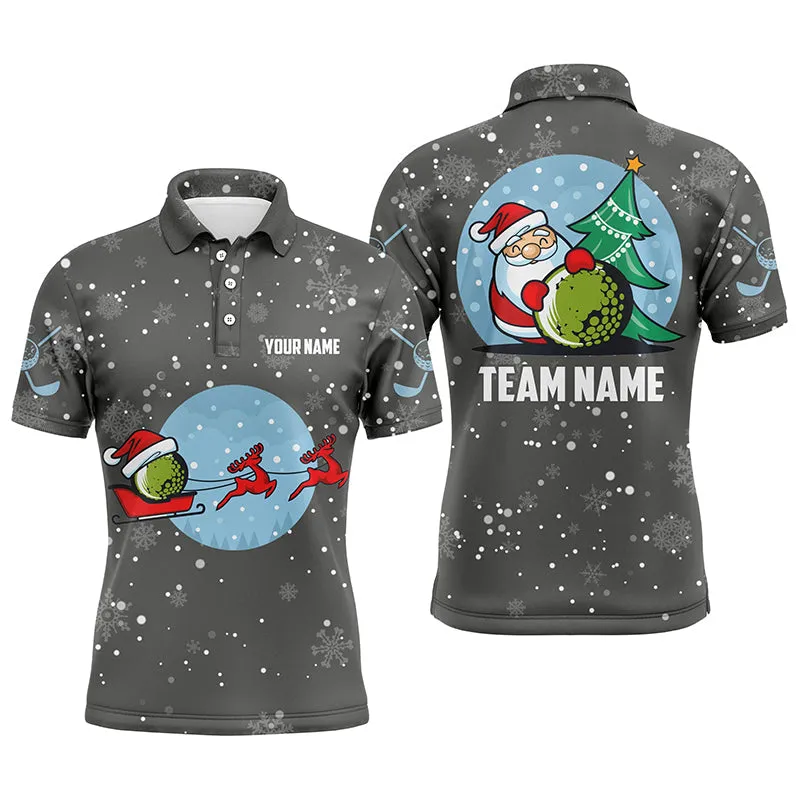 Grey Christmas Mens Golf Long Sleeve Polo Shirts With Reindeer