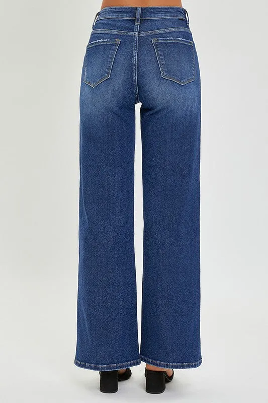 High Rise Side Slit Wide Straight Jeans