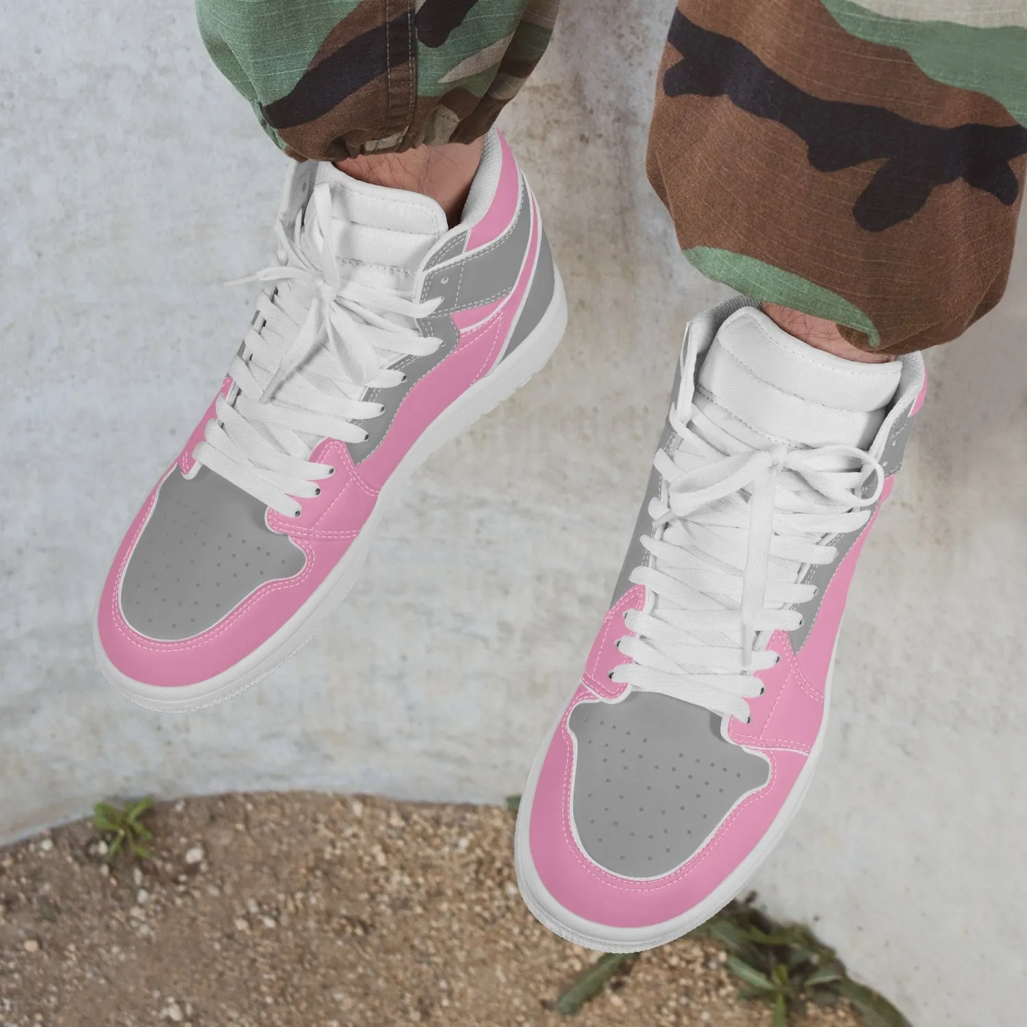 High-Top Leather Sneakers - Gray And Pink