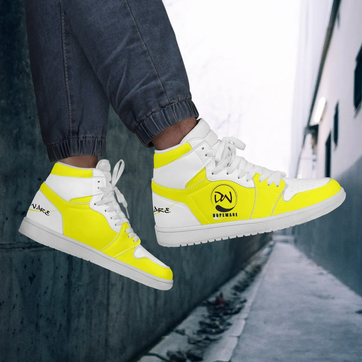 High-Top Leather Sneakers - White and Yellow