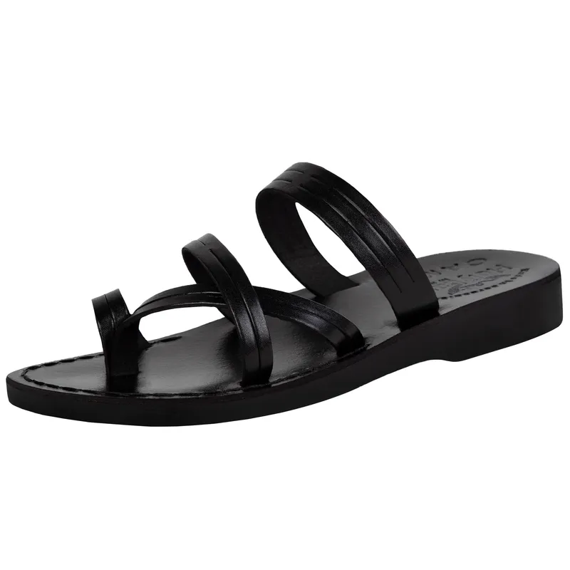 Holy Land Market Men/Women Biblical Jesus Leather Sandals/Slides From Jerusalem (Bethlehem Black Style II)