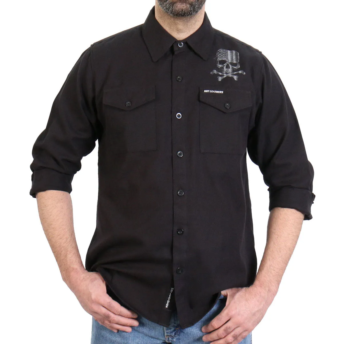 Hot Leathers FLM2113 Men's Black Flag Skull Long Sleeve Flannel Shirt