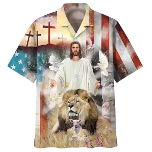 Jesus Lion And The Lamb Cross Hawaiian Shirts - Christian Hawaiian Shirt - Hawaiian Shirts For Men