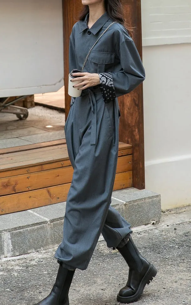 Jumpsuit female fall 2022 new slim and thin gray legging work pants with pants false two-piece set