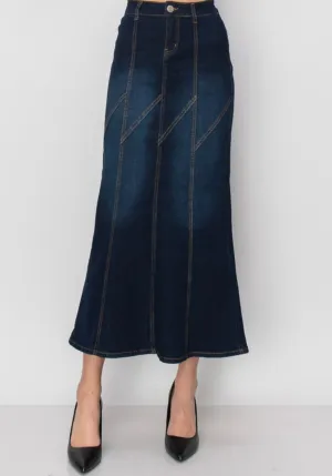 Liza's Zag Indigo Modest Long Denim Skirt Indigo