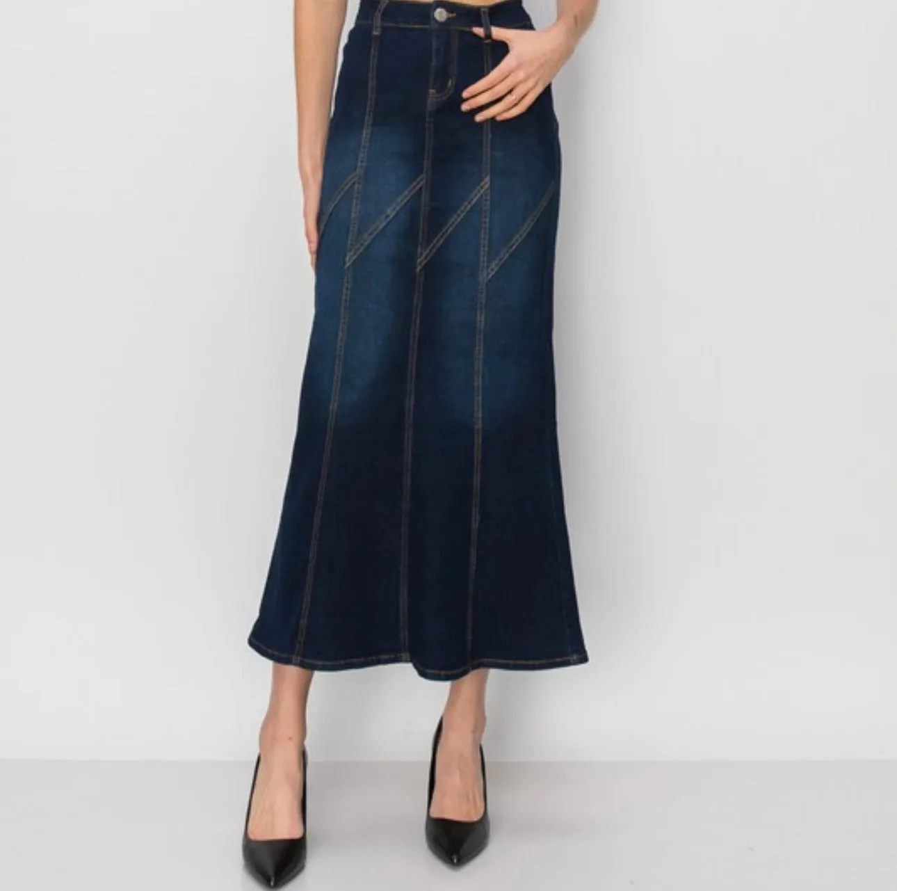 Liza's Zag Indigo Modest Long Denim Skirt Indigo