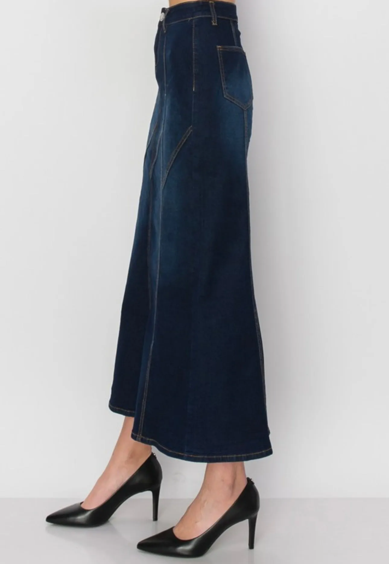 Liza's Zag Indigo Modest Long Denim Skirt Indigo