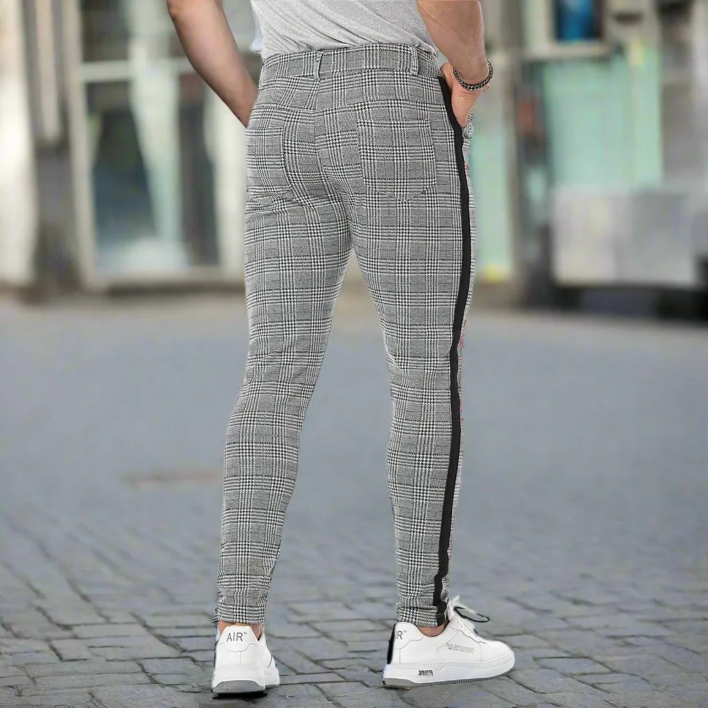 Men Plaid Print Side Stripe Skinny Pants