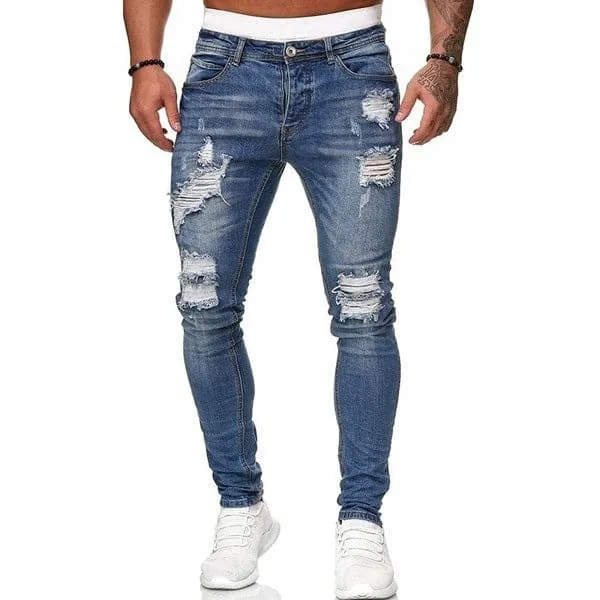 Men Slant Pocket Zipper Ripped Skinny Jeans