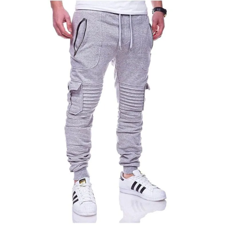 Men Slant Zip Pocket & Pleated Knee Cargo Jogger Pants