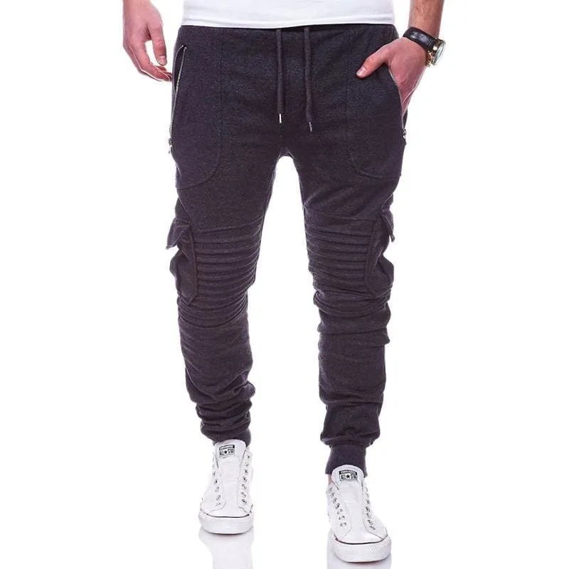 Men Slant Zip Pocket & Pleated Knee Cargo Jogger Pants