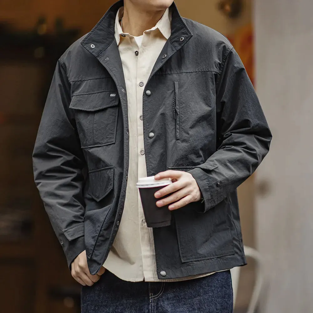 Men's Casual Waterproof Jacket Vintage Dark Gray Coat with Standing Collar and 4 Pockets