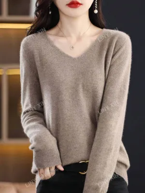 Merino Luxe: V-Neck Seamless Knit Sweater- 100% Merino Wool