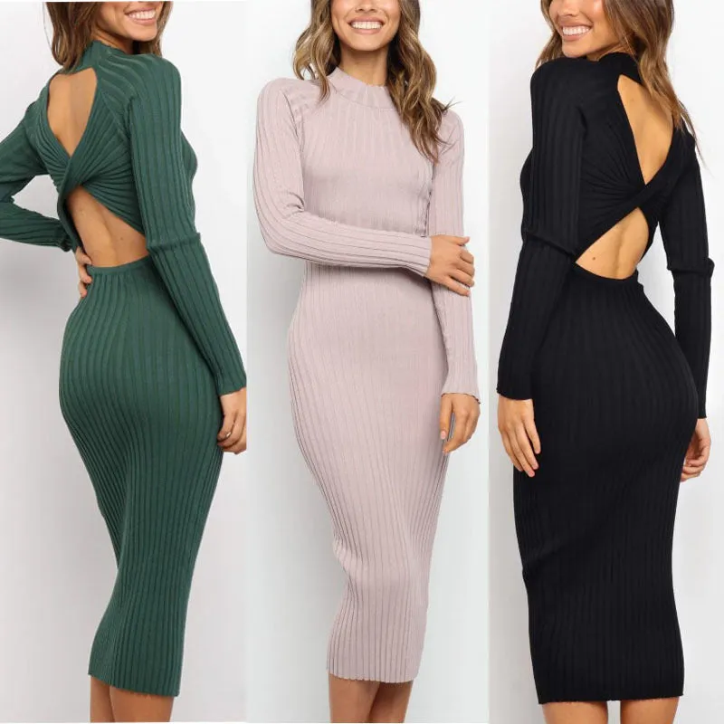 New Style Women's Suits Sweater Dresses Women's Solid Color Backless Bow Tight Dresses