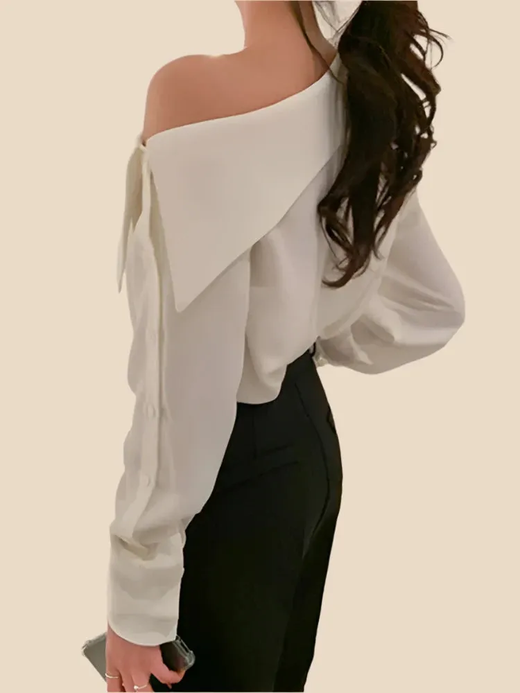 Office Lady Korean Style Black Blouses One Shoulder Sexy Shirts Women Spring Summer Cold Blouse Female Elegant White Tops