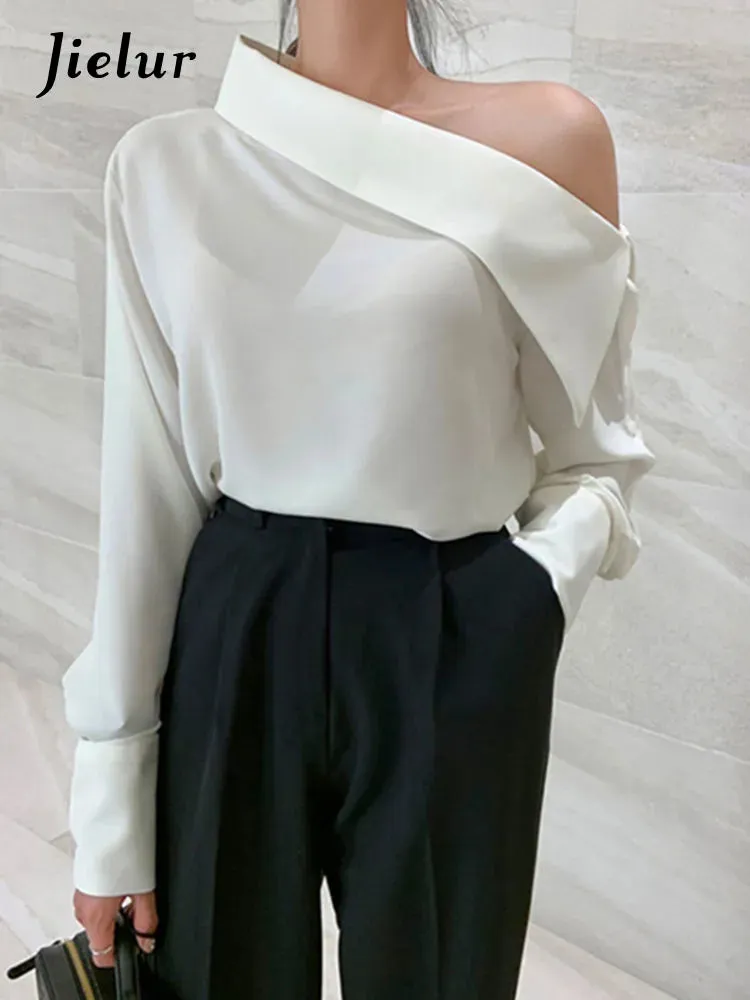 Office Lady Korean Style Black Blouses One Shoulder Sexy Shirts Women Spring Summer Cold Blouse Female Elegant White Tops